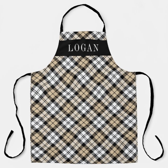 Tan and Black Watch Plaid Personalized Holiday Apron (Front)