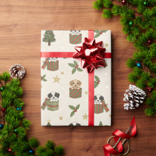 Tan and Black & White Puppies Christmas Pattern Wrapping Paper
