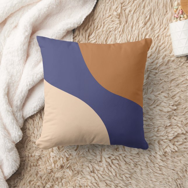 Tan and Blue Minimalist Swirl Shapes Throw Pillow (Blanket)
