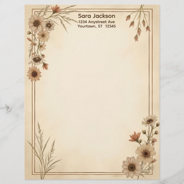 Tan and Brown Flowers and Grass Stationery Paper (Front)