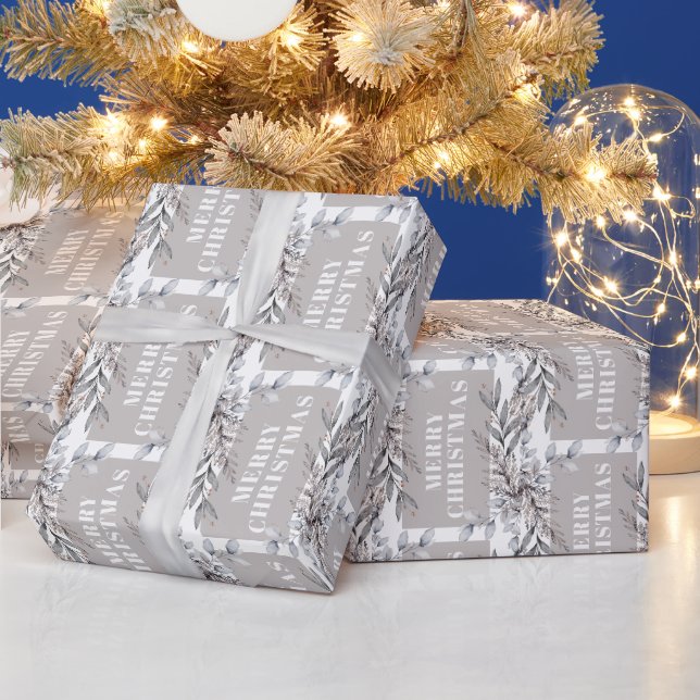 Tan and Grey Winter Foliage Merry Christmas Wrapping Paper (Holidays)