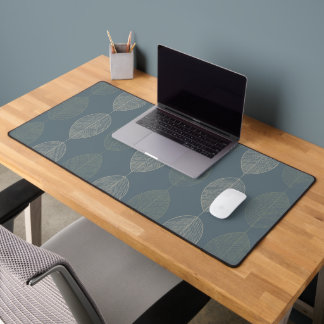 Tan and Khaki Leaf Pattern on Teal Blue Desk Mat
