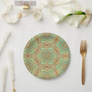 Tan and Turquoise Arabesque Paper Plate