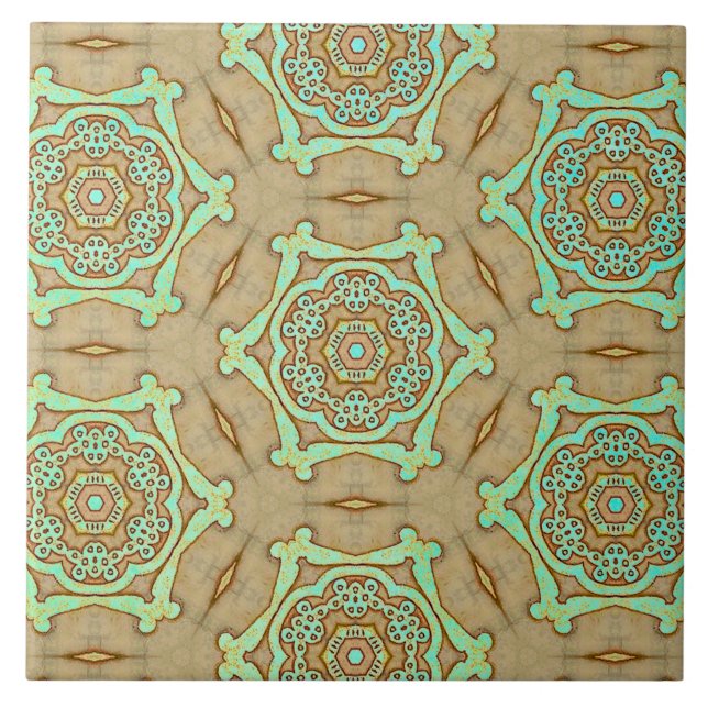 Tan and Turquoise Arabesque  Tile (Front)