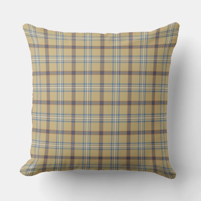Tan and Wedgewood Blue Plaid Throw Pillow (Front)
