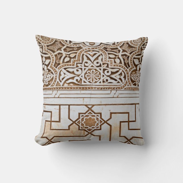 Tan and White Geometric Arabesque Throw Pillow (Front)