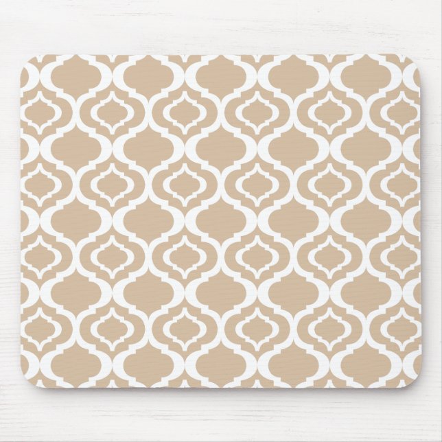 Tan and White Geometric Moroccan Lattice Pattern Mouse Pad (Front)