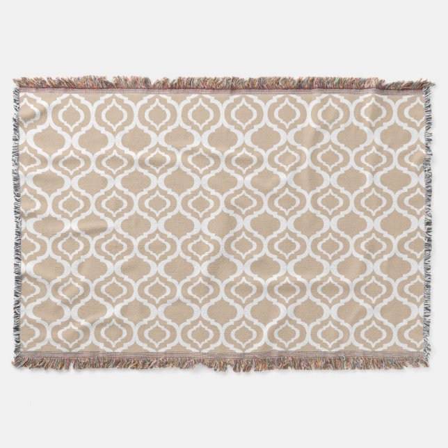 Tan and White Geometric Moroccan Lattice Pattern Throw Blanket (Front)