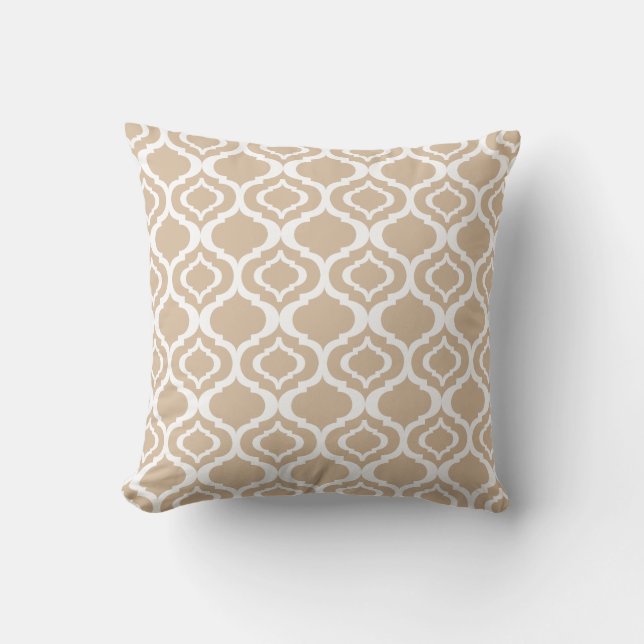 Tan and White Geometric Moroccan Lattice Pattern Throw Pillow (Front)