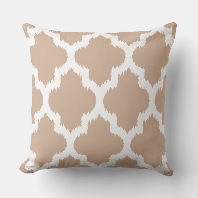 Tan And White Quatrefoil Geometric Pattern Throw Pillow (Front)