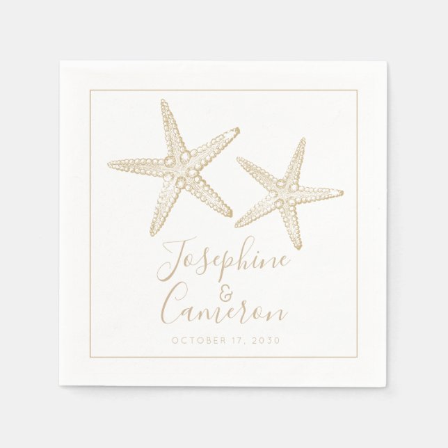 Tan and White Starfish Destination Beach Wedding Napkin (Front)