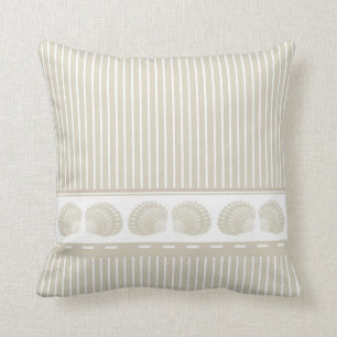 Tan and White Stripes with Seashells Throw Pillow