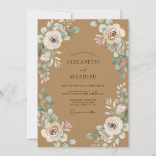 Tan Aqua Leafy Wedding Invitation