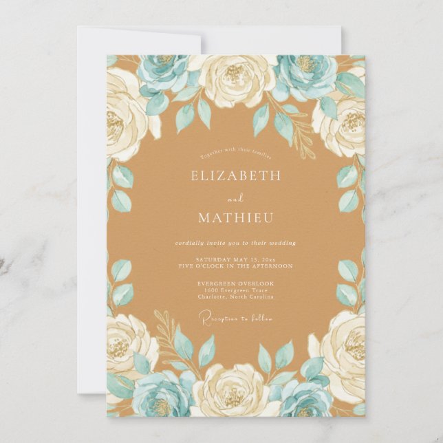 Tan Aqua Warm Rose Wedding Invitation (Front)