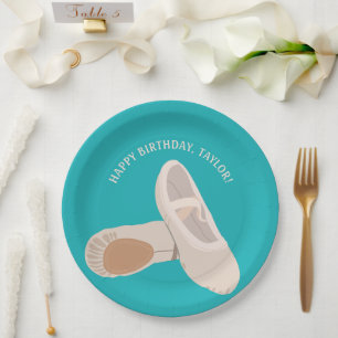 Tan Ballet Shoes on Teal Personalized Party Paper Plate