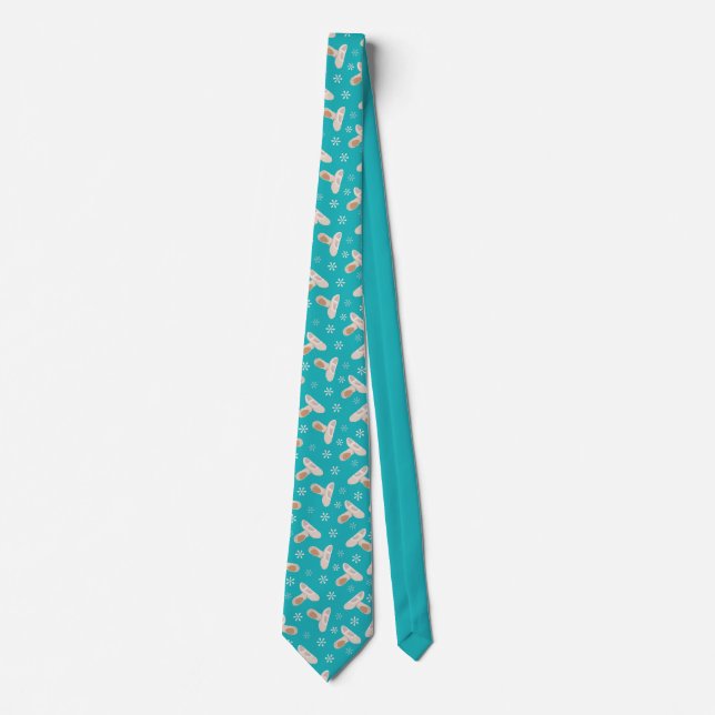 Tan Ballet Shoes on Teal, Turquoise Blue Patterned Tie (Front)