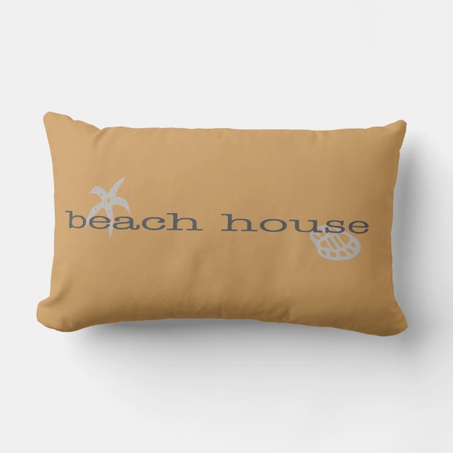 Tan Beach House Starfish Seashell Lumbar Pillow (Front)
