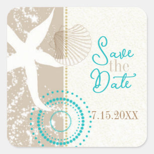 Tan Beige Beach Wedding Save the Date Square Sticker
