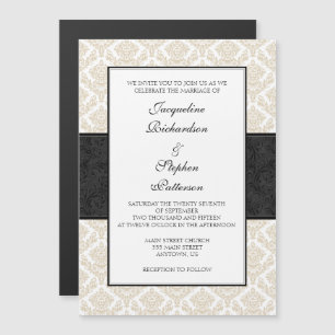 Tan Beige Black Damask Magnetic Wedding Invites