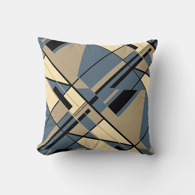 Tan Beige Black Slate Blue Diagonal Abstract Motif Throw Pillow (Front)