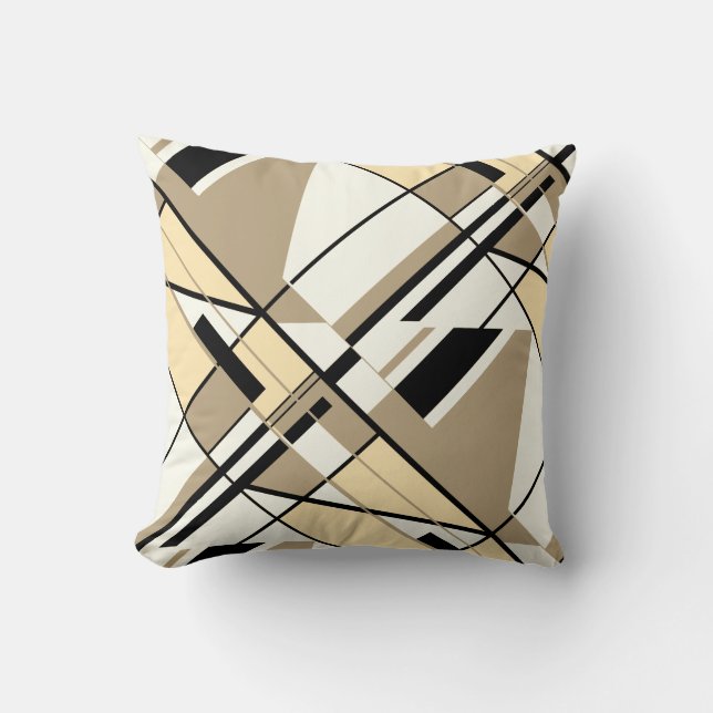 Tan, Beige, Black, White Diagonal Abstract Design Throw Pillow (Front)