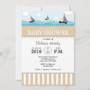 Tan Beige Blue Nautical Baby Shower Invitation