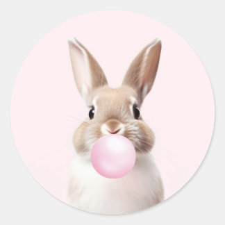 Tan Beige Bunny Blowing Pink Bubble Gum  Classic Round Sticker