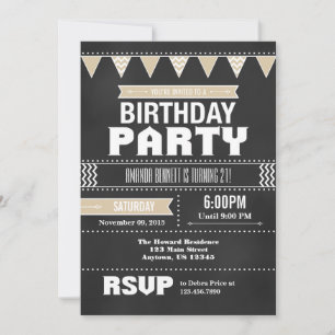 Tan Beige Chevron Chalkboard Birthday Invitation