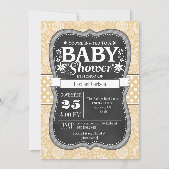 Tan Beige Cream Chalkboard Floral Baby Shower Invitation (Front)