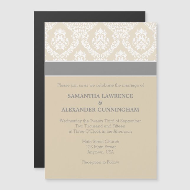 Tan Beige Grey Damask Magnetic Wedding Invitation (Front/Back)
