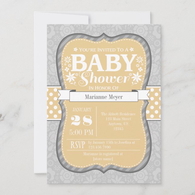Tan Beige Grey Floral Flower Baby Shower Invite (Front)