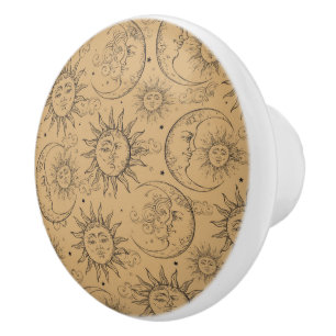 Tan Beige Magic Vintage Celestial Sun Moon Stars Ceramic Knob
