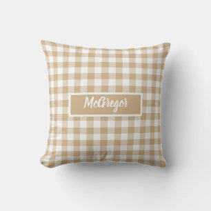 Tan Beige Plaid Gingham Personalized Throw Pillow