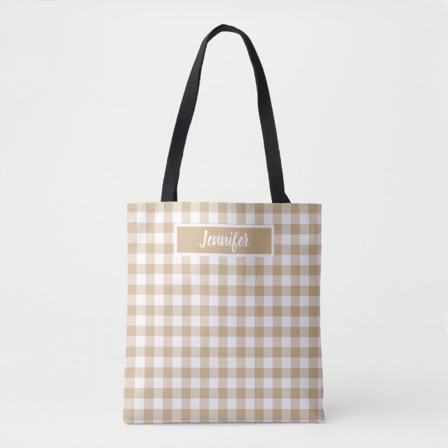 Tan Beige Plaid Gingham Personalized Tote Bag (Front)