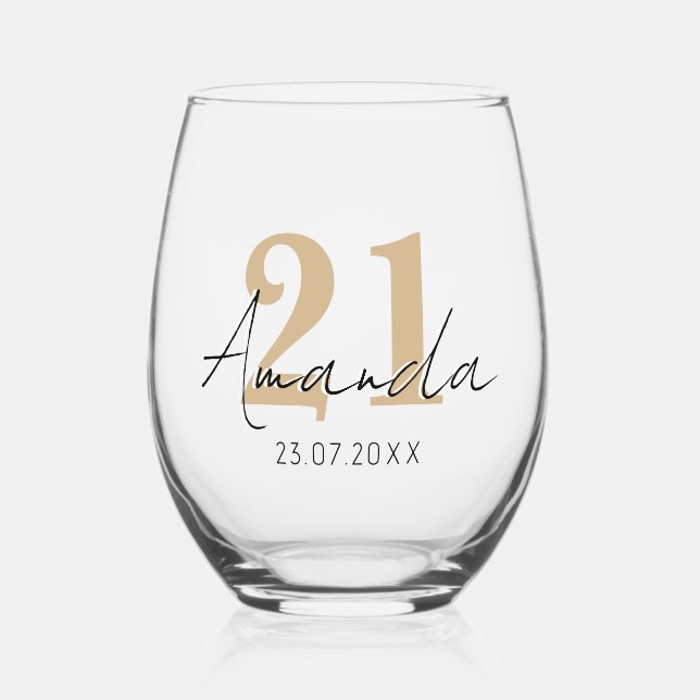 Tan Birthday Number | Black 3D Name Date Stemless Wine Glass (Front)