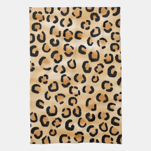 Tan, Black and Brown Leopard Print Pattern. Kitchen Towel (Vertical)