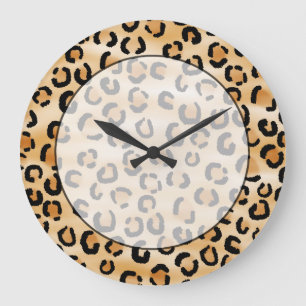 Tan, Black and Brown Leopard Print Pattern. Large Clock