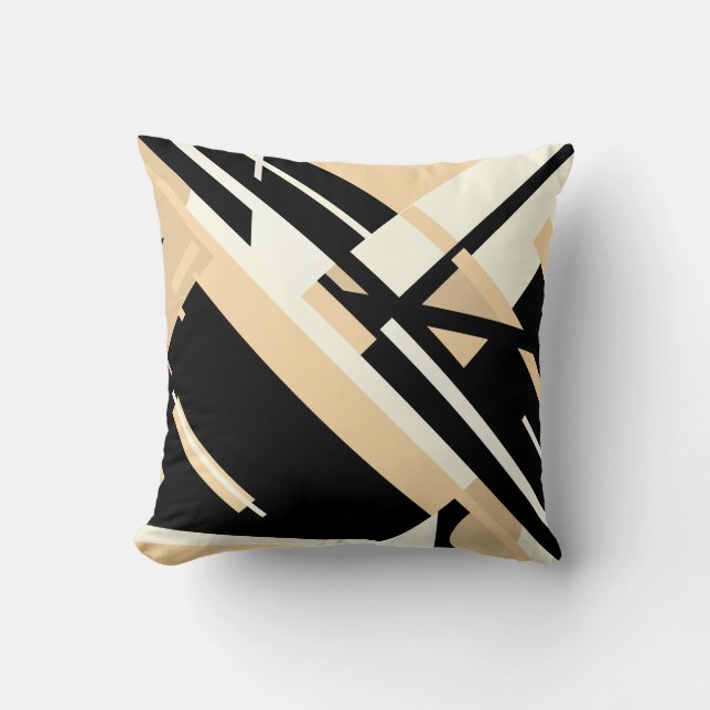 Tan Black Beige Diagonal Geometric Abstract Design Throw Pillow (Front)