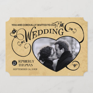 Tan & Black Custom Heart Photo Wedding Invitation