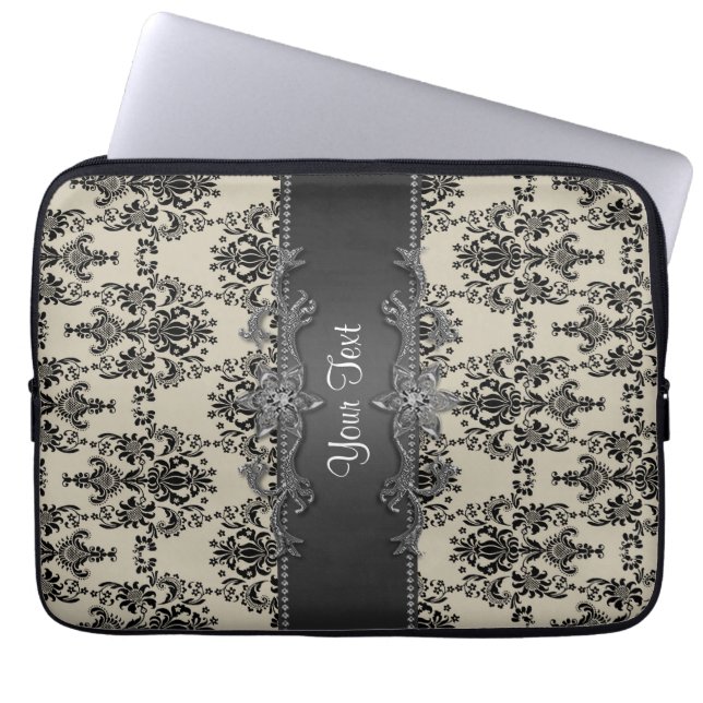 Tan Black Damask Personalized Laptop Sleeve (Front)