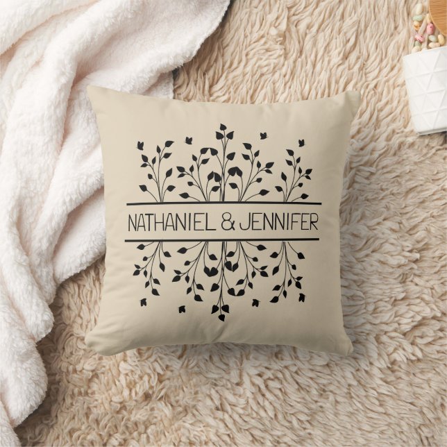 Tan & Black Floral Frame Monogram Wedding Throw Pillow (Blanket)