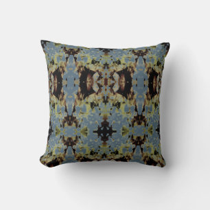 Tan Black Olive on Blue Symmetrical Abstract Print Throw Pillow