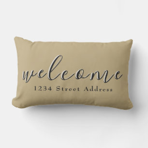 Tan & Black Welcome & Custom Address Script Lumbar Pillow