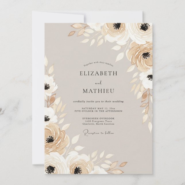 Tan Bloom Wedding Invitation (Front)