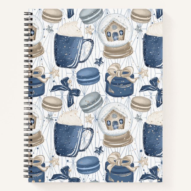 TAN & BLUE MUGS MACARONS SNOWGLOBES NOTEBOOK (Front)