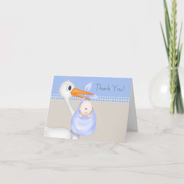 Tan Blue Stork Baby Boy Merci Cartes (Devant)