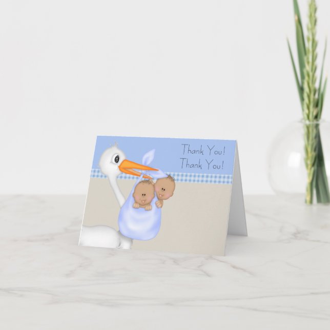 Tan Blue Stork Twin Baby Boy Merci Cartes (Devant)