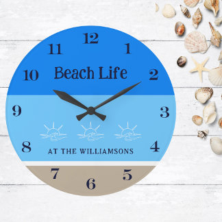 Tan Blue Stripes Family Name Beach House Large Clock