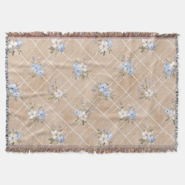 Tan Blue White Flowers Throw Blanket (Front)