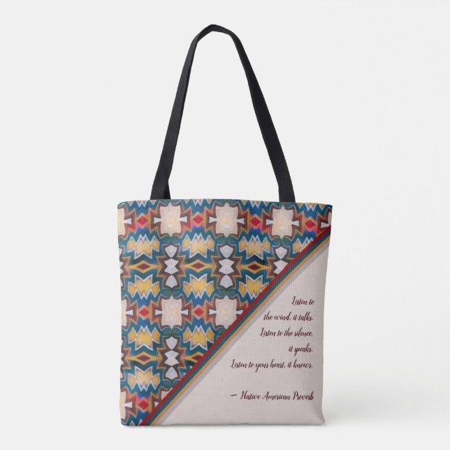 Tan, Blue, White & Red Tribal Inspired Wisdom Tote Bag (Back)